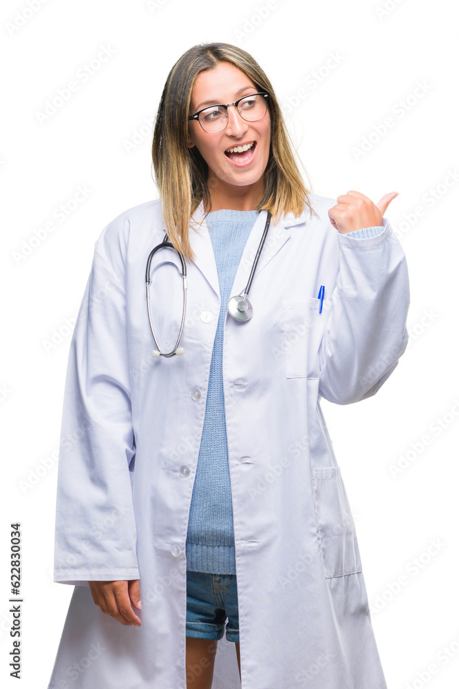 Young beautiful doctor woman headphones over isolated background smiling with happy face looking and pointing to the side with thumb up. Young beautiful doctor woman headphones over isolated background smiling with happy face looking and pointing to the side with thumb up.