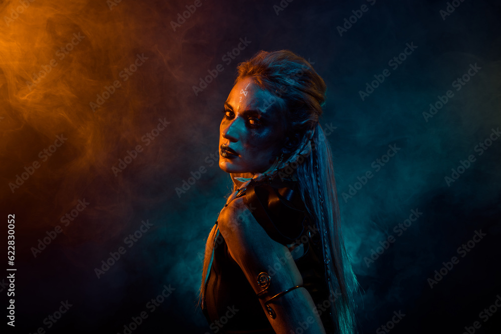 Profile photo of terrifying valkyrie pagan woman scary glance orange blue color lights isolated on dark background