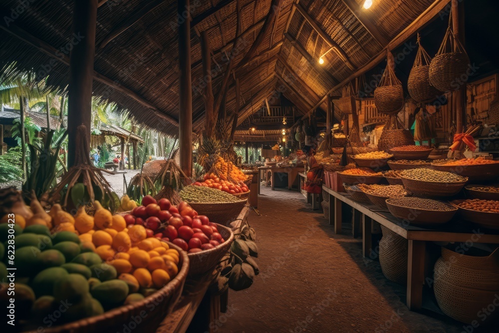 A tropical island market filled with vibrant fruits, spices, and local handicrafts, showcasing the cultural richness and authenticity of the destination. Generative AI