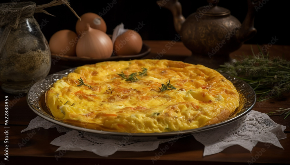 Scrambled eggs and vegetable omelet on plate generated by AI Scrambled eggs and vegetable omelet on plate generated by AI