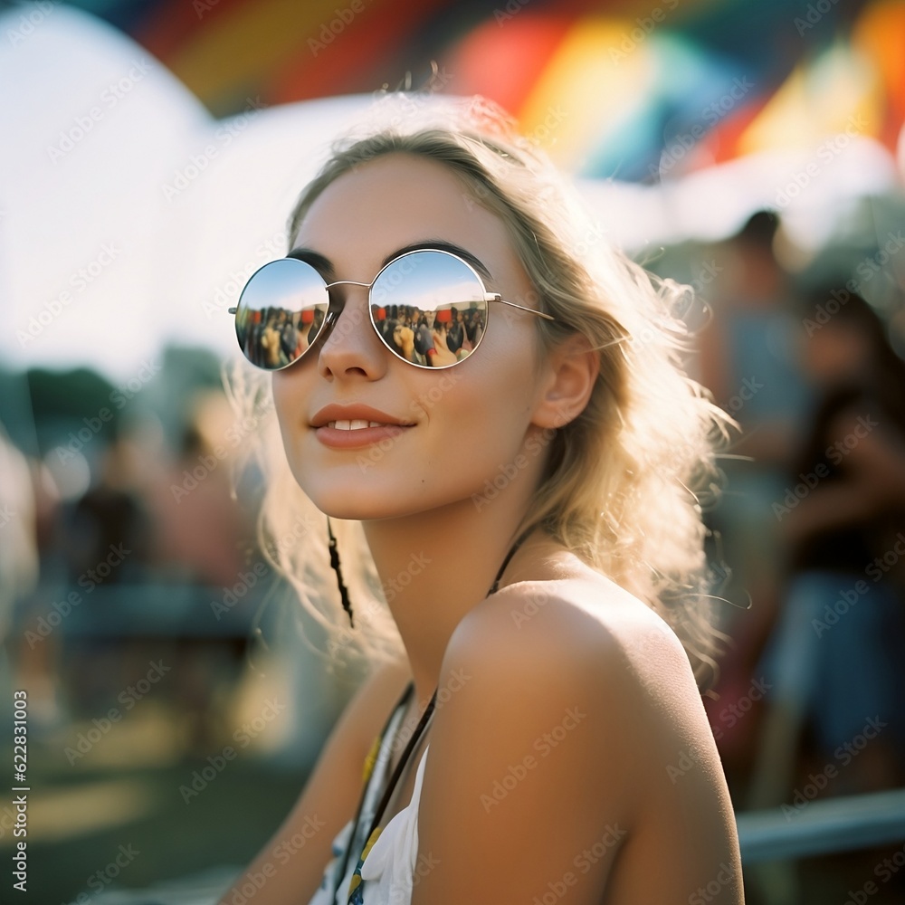 Blonde girl with glasses at music festival Blonde girl with glasses at music festival