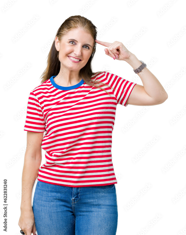 Middle age mature woman wearing casual t-shirt over isolated background Smiling pointing to head with one finger, great idea or thought, good memory Middle age mature woman wearing casual t-shirt over isolated background Smiling pointing to head with one finger, great idea or thought, good memory