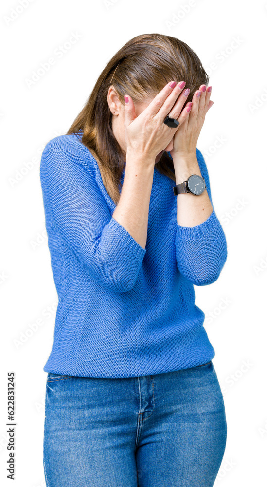 Beautiful middle age mature woman wearing winter sweater over isolated background with sad expression covering face with hands while crying. Depression concept. Beautiful middle age mature woman wearing winter sweater over isolated background with sad expression covering face with hands while crying. Depression concept.