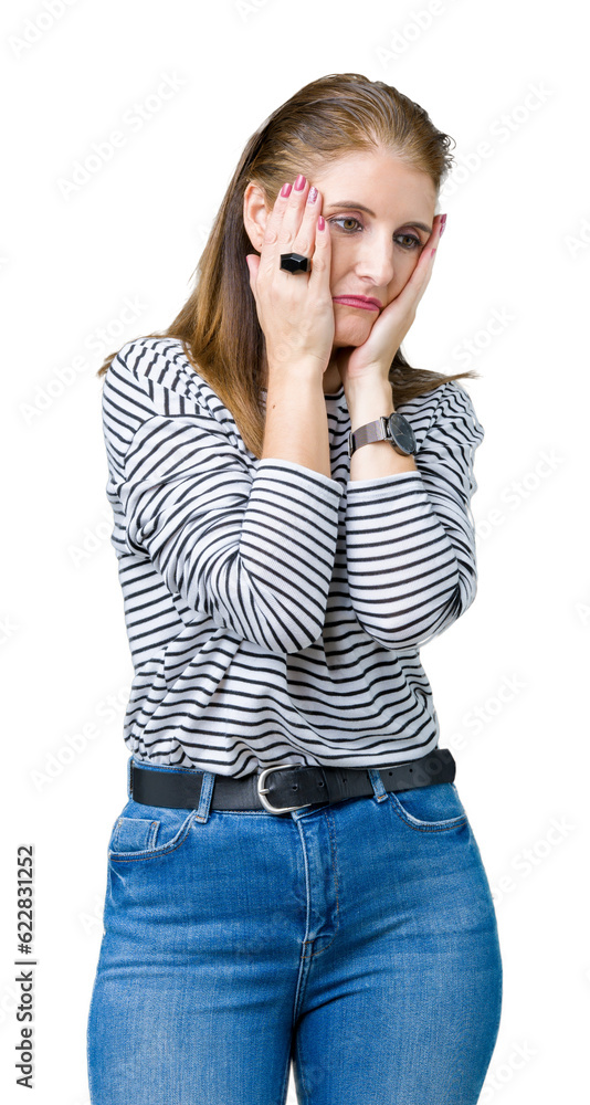 Middle age mature beautiful woman wearing stripes winter sweater over isolated background Tired hands covering face, depression and sadness, upset and irritated for problem Middle age mature beautiful woman wearing stripes winter sweater over isolated background Tired hands covering face, depression and sadness, upset and irritated for problem