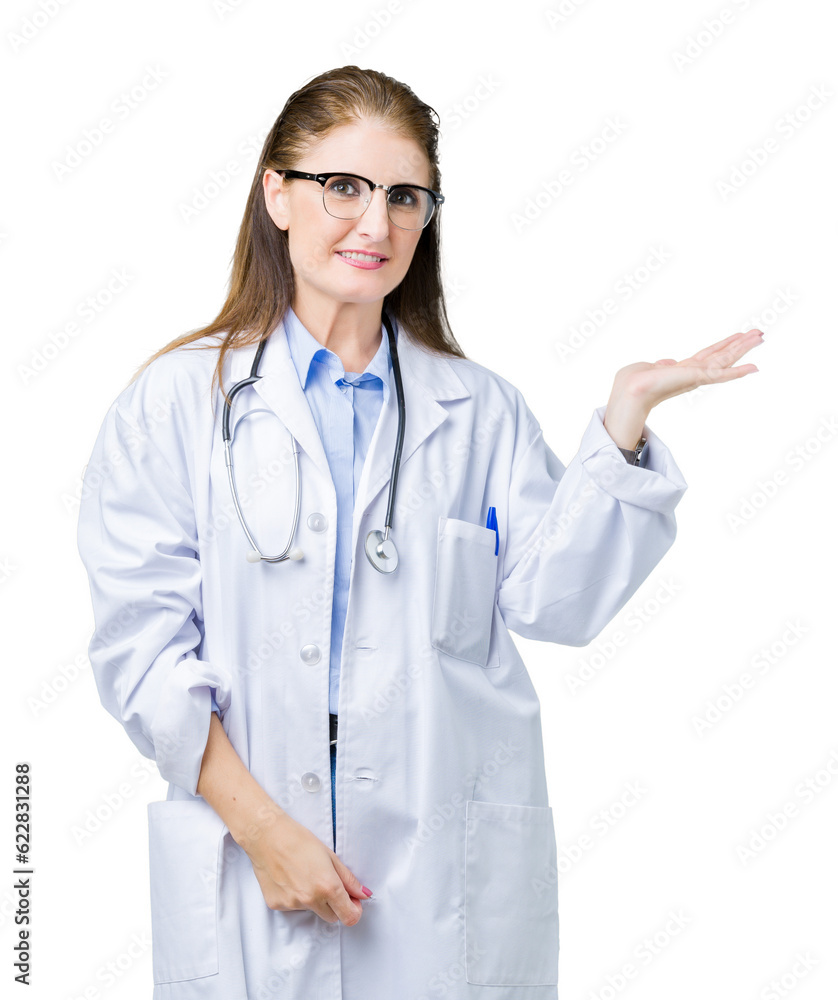 Middle age mature doctor woman wearing medical coat over isolated background smiling cheerful presenting and pointing with palm of hand looking at the camera. Middle age mature doctor woman wearing medical coat over isolated background smiling cheerful presenting and pointing with palm of hand looking at the camera.