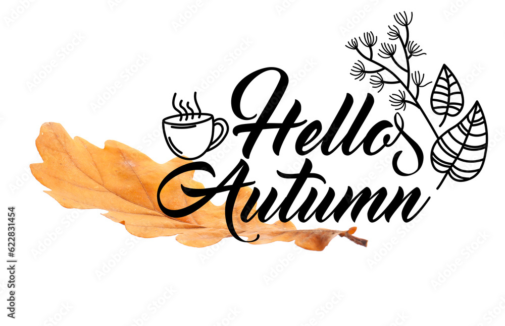 Banner with text HELLO AUTUMN and fallen leaf