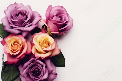 A bunch of purple and yellow roses on a white surface. Generative AI.