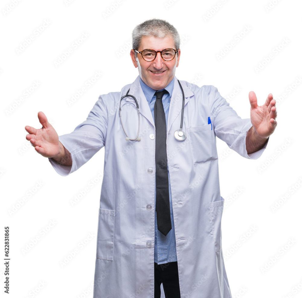 Handsome senior doctor man over isolated background looking at the camera smiling with open arms for hug. Cheerful expression embracing happiness. Handsome senior doctor man over isolated background looking at the camera smiling with open arms for hug. Cheerful expression embracing happiness.