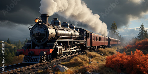 A steam engine train traveling down train tracks. Generative AI.
