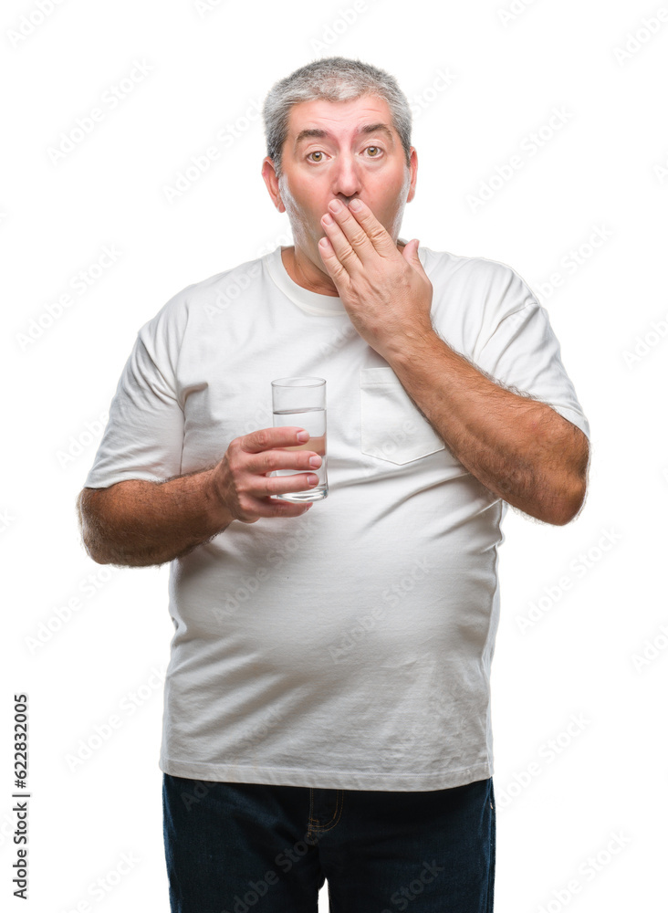 Handsome senior man drinking glass of water over isolated background cover mouth with hand shocked with shame for mistake, expression of fear, scared in silence, secret concept Handsome senior man drinking glass of water over isolated background cover mouth with hand shocked with shame for mistake, expression of fear, scared in silence, secret concept