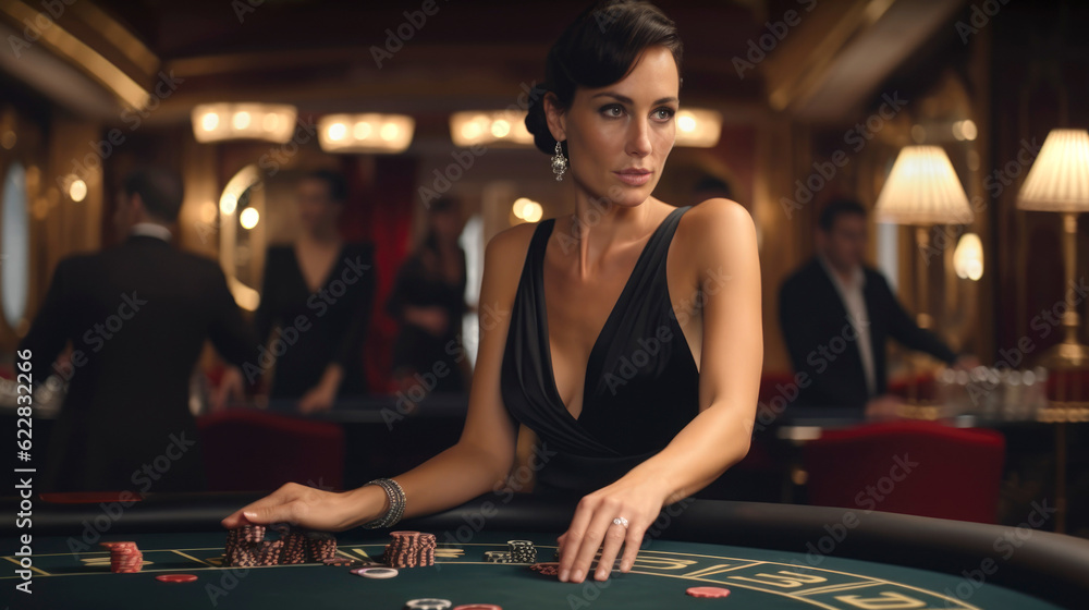Elegant and beautiful woman in the casino next to a betting table Elegant and beautiful woman in the casino next to a betting table
