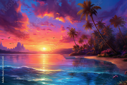 Colorful sunset, burning sky and tropical beach