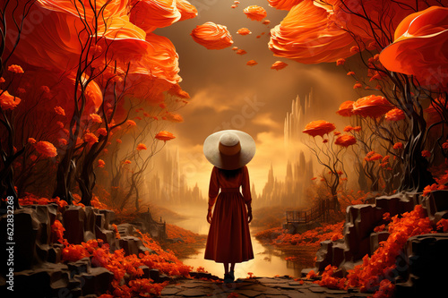 A little Miss wearing a vintage orange dress with drapes and a wide-brim straw hat is standing in strange woods, looking at a dreamlike fantastical landscape. 