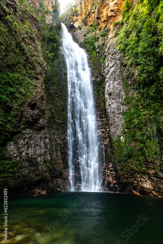 Landscape of big beautiful cerrado waterfall in the nature, Chapada dos Veadeiros