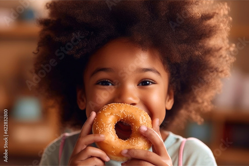 Cheerful black girl expressing positivity has fun holding delicious donuts looking at camera. Illustration. Generative AI