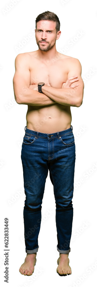 Handsome shirtless man showing nude chest skeptic and nervous, disapproving expression on face with crossed arms. Negative person. Handsome shirtless man showing nude chest skeptic and nervous, disapproving expression on face with crossed arms. Negative person.