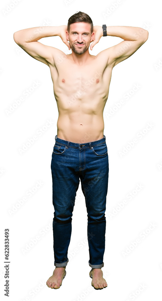 Handsome shirtless man showing nude chest Relaxing and stretching with arms and hands behind head and neck, smiling happy Handsome shirtless man showing nude chest Relaxing and stretching with arms and hands behind head and neck, smiling happy