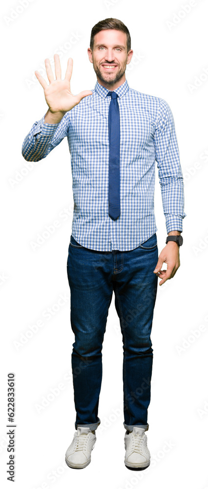 Handsome business man wearing tie showing and pointing up with fingers number five while smiling confident and happy. Handsome business man wearing tie showing and pointing up with fingers number five while smiling confident and happy.