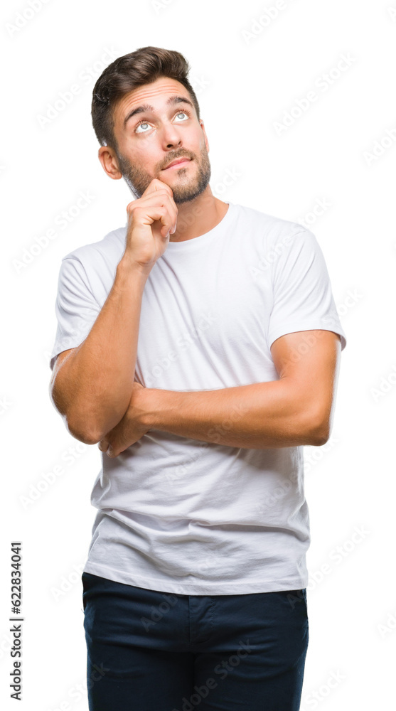 Young handsome man over isolated background with hand on chin thinking about question, pensive expression. Smiling with thoughtful face. Doubt concept. Young handsome man over isolated background with hand on chin thinking about question, pensive expression. Smiling with thoughtful face. Doubt concept.