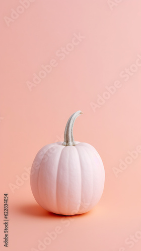 A white pumpkin sitting on top of a pink surface. Generative AI. Pastel pink monochromatic Fall background.