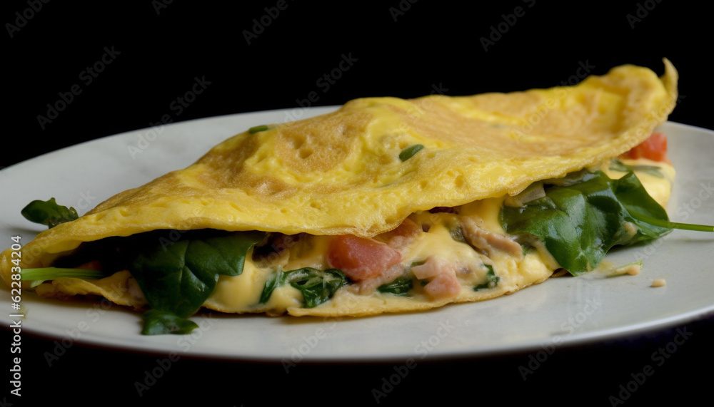 Freshly cooked gourmet omelet on a plate generated by AI