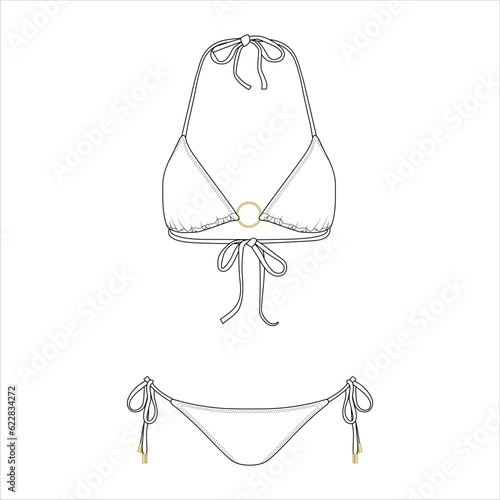 Triangle Bikini front view fashion flat sketch for Tech Pack. Tie Back Fastening, Golden Ring Trim, CAD drawing, black and white, vector graphics for garment production apparel brand, swimwear women