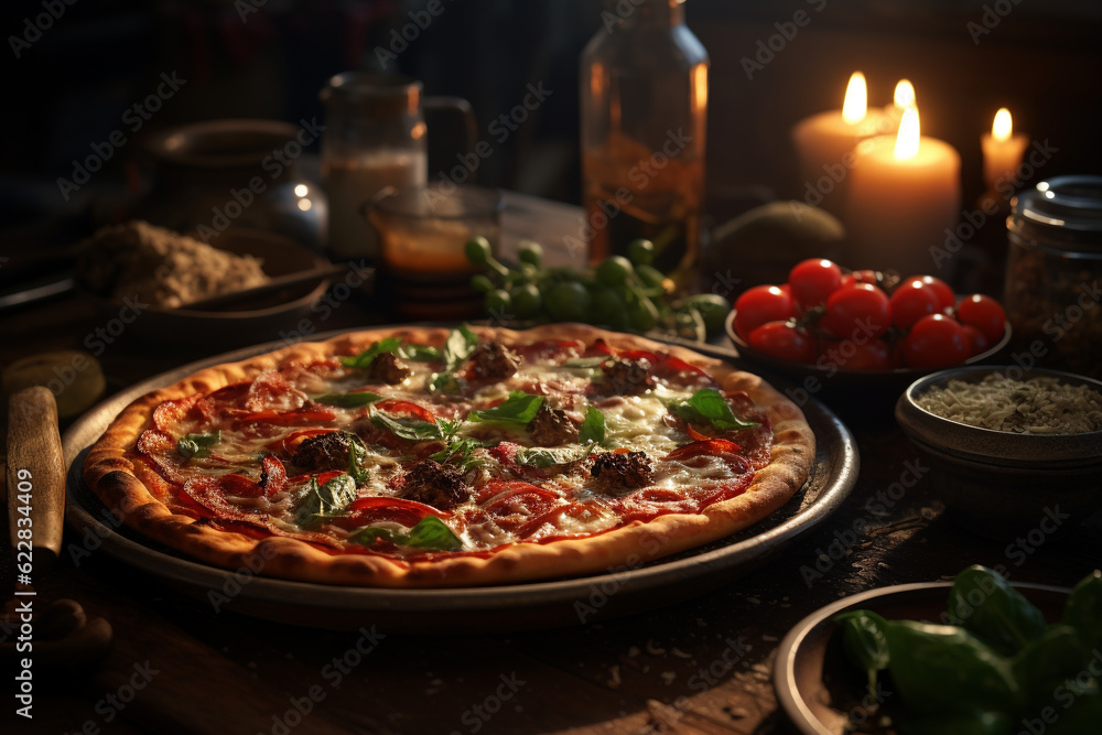 Pizza - dish of Italian origin consisting of a round, flat base of leavened wheat dough topped with tomatoes, cheese, and other ingredients, which is baked at a high temperature in a wood-fired oven. Pizza - dish of Italian origin consisting of a round, flat base of leavened wheat dough topped with tomatoes, cheese, and other ingredients, which is baked at a high temperature in a wood-fired oven.