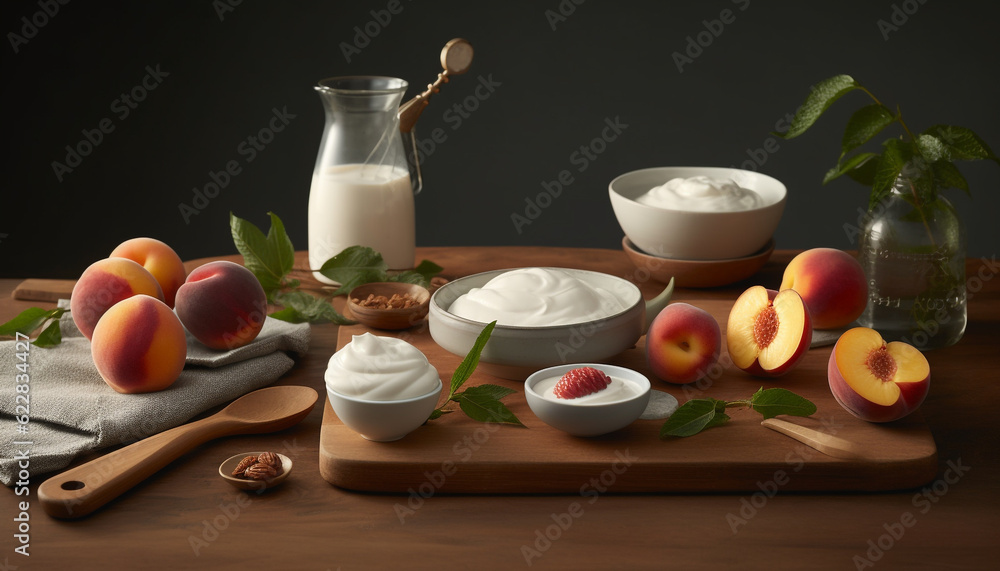 Fresh organic fruit bowl on rustic wooden table generated by AI Fresh organic fruit bowl on rustic wooden table generated by AI