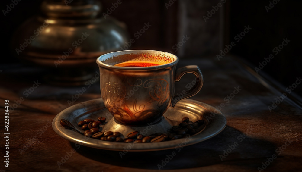 Freshly brewed coffee on rustic wooden table generated by AI Freshly brewed coffee on rustic wooden table generated by AI