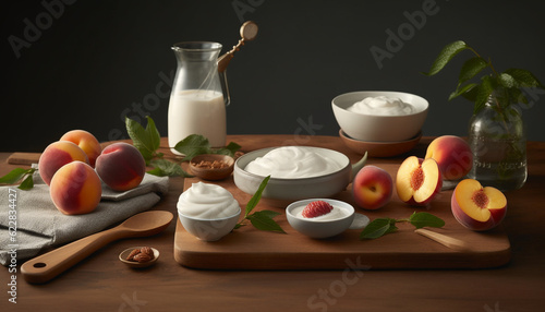 Fresh organic fruit bowl on rustic wooden table generated by AI