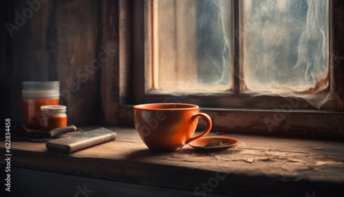 Rustic coffee table by window, hot drink generated by AI