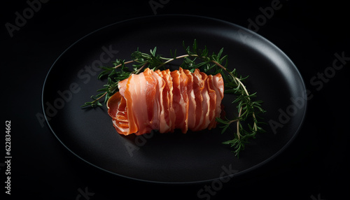 Smoked prosciutto, pork and herb appetizer plate generated by AI