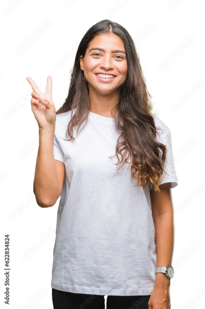 Young beautiful arab woman over isolated background showing and pointing up with fingers number two while smiling confident and happy. Young beautiful arab woman over isolated background showing and pointing up with fingers number two while smiling confident and happy.