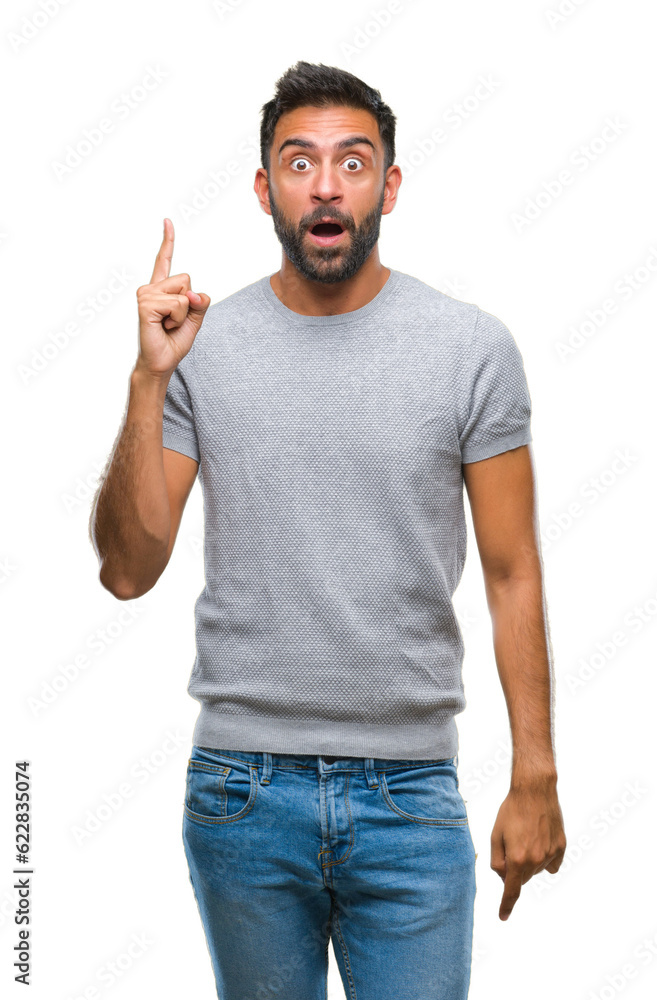 Adult hispanic man over isolated background pointing finger up with successful idea. Exited and happy. Number one. Adult hispanic man over isolated background pointing finger up with successful idea. Exited and happy. Number one.