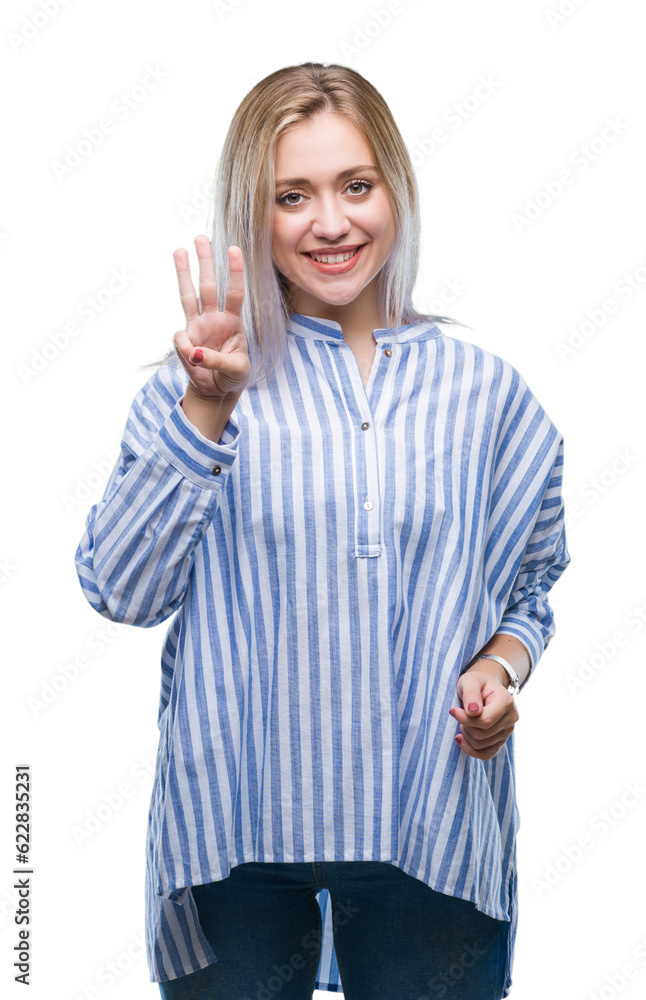 Young blonde woman over isolated background showing and pointing up with fingers number three while smiling confident and happy. Young blonde woman over isolated background showing and pointing up with fingers number three while smiling confident and happy.