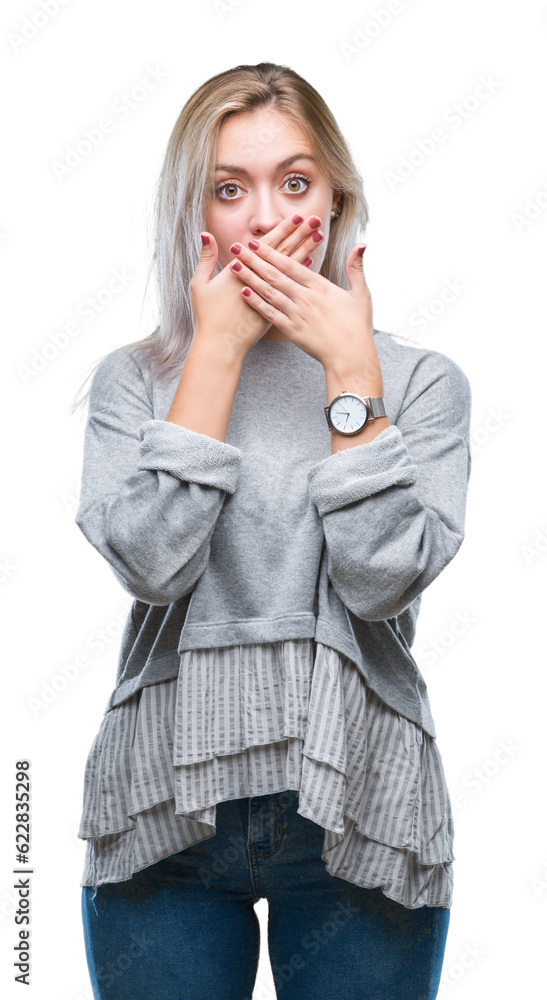 Young blonde woman over isolated background shocked covering mouth with hands for mistake. Secret concept. Young blonde woman over isolated background shocked covering mouth with hands for mistake. Secret concept.