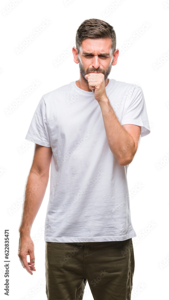 Young handsome man over isolated background feeling unwell and coughing as symptom for cold or bronchitis. Healthcare concept. Young handsome man over isolated background feeling unwell and coughing as symptom for cold or bronchitis. Healthcare concept.