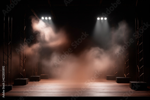 Empty misty dark stage background  fog  and brown spotlights. Showcasing artistic works and products. generative AI.