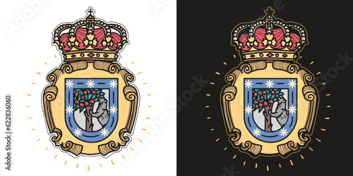 Fototapeta Madrid City Spain Hand Drawn Coat of Arms Design in Traditional Tattoo Aesthetic, Illustration of The Statue of the Bear and the Strawberry Tree, Heraldic Symbol, Vector Graphics
