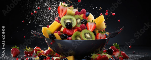 Fresh fruits, rapsberries, oranges, kiwis, apples, and grapes - in a splash of water. wide banner photo