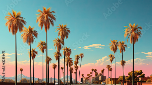 A row of palm trees on a street. Generative AI. © tilialucida