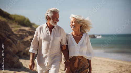 nonni felici che passeggiano, primo piano al mare, concetto di vacanze della terza età