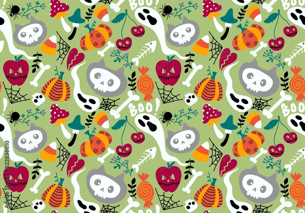 Cartoon Halloween cats seamless pumpkins and skulls and ghost and mushrooms pattern for wrapping paper Cartoon Halloween cats seamless pumpkins and skulls and ghost and mushrooms pattern for wrapping paper