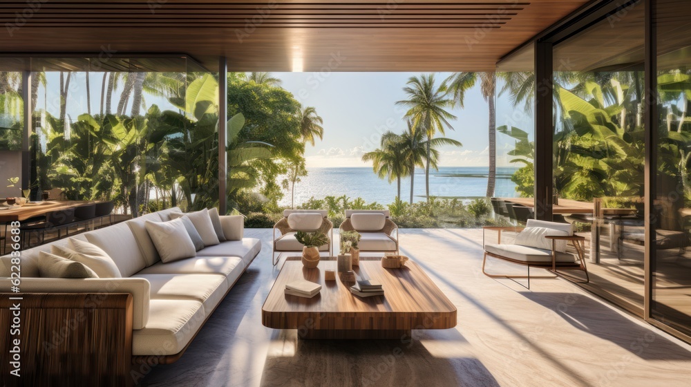 Fototapeta premium Embrace the tropical climate of Miami by incorporating architectural elements like open - air spaces, large windows, and a seamless indoor outdoor flow