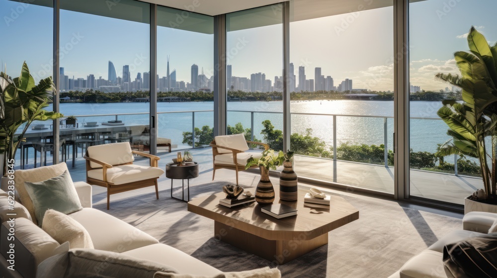 Fototapeta premium Embrace the tropical climate of Miami by incorporating architectural elements like open - air spaces, large windows, and a seamless indoor outdoor flow