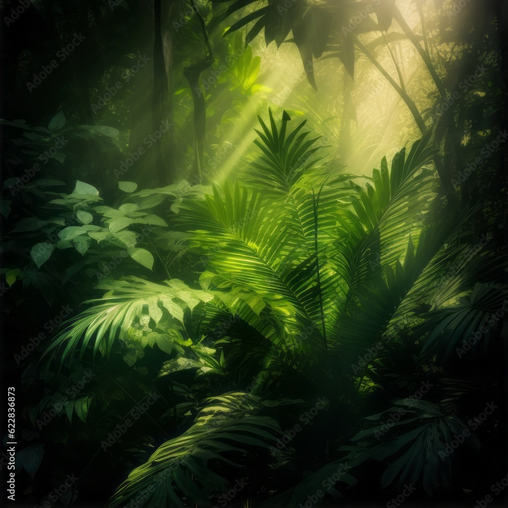 jungle in the jungle, Photographic Capture of a Tropical Green Forest, Abounding with Green Leaves, Showcasing Texture-Rich Compositions and Naturalistic Shadows, with Sunlight Peeking Through
