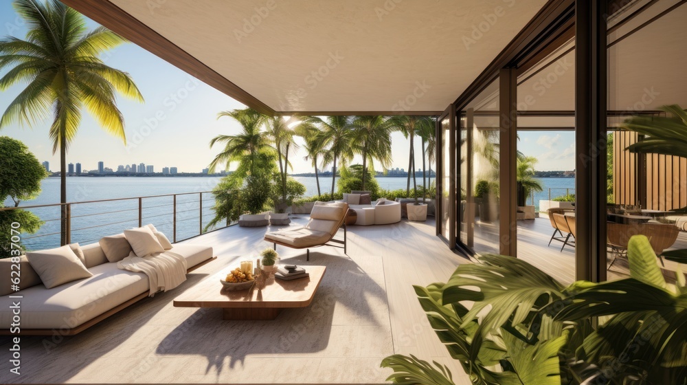 Fototapeta premium Embrace the tropical climate of Miami by incorporating architectural elements like open - air spaces, large windows, and a seamless indoor outdoor flow