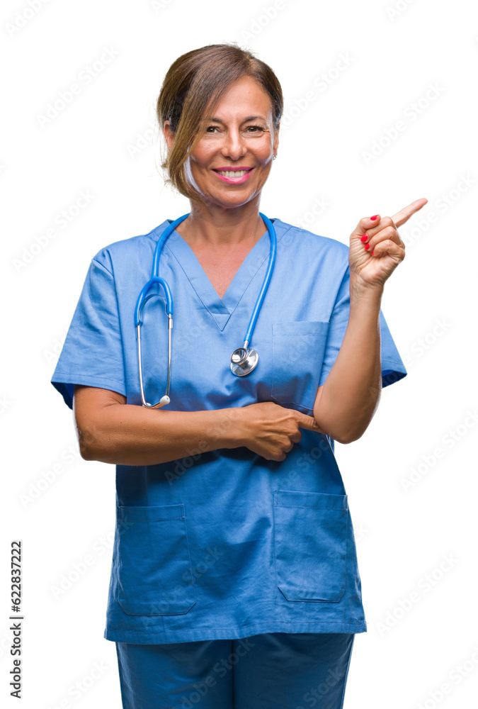 Middle age senior nurse doctor woman over isolated background with a big smile on face, pointing with hand and finger to the side looking at the camera. Middle age senior nurse doctor woman over isolated background with a big smile on face, pointing with hand and finger to the side looking at the camera.