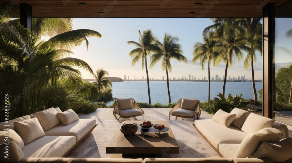 Fototapeta premium Embrace the tropical climate of Miami by incorporating architectural elements like open - air spaces, large windows, and a seamless indoor outdoor flow