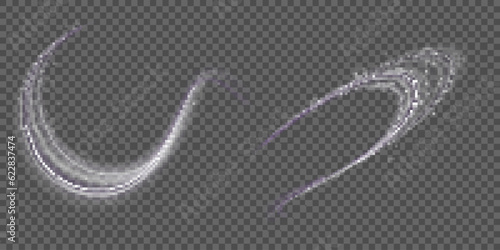 Light trail wave effect. Abstract motion lines, glowing headlights and optical fiber, PNG glow curve swirl, road car headlights and glowing white speed lines on a swirl light on the road.